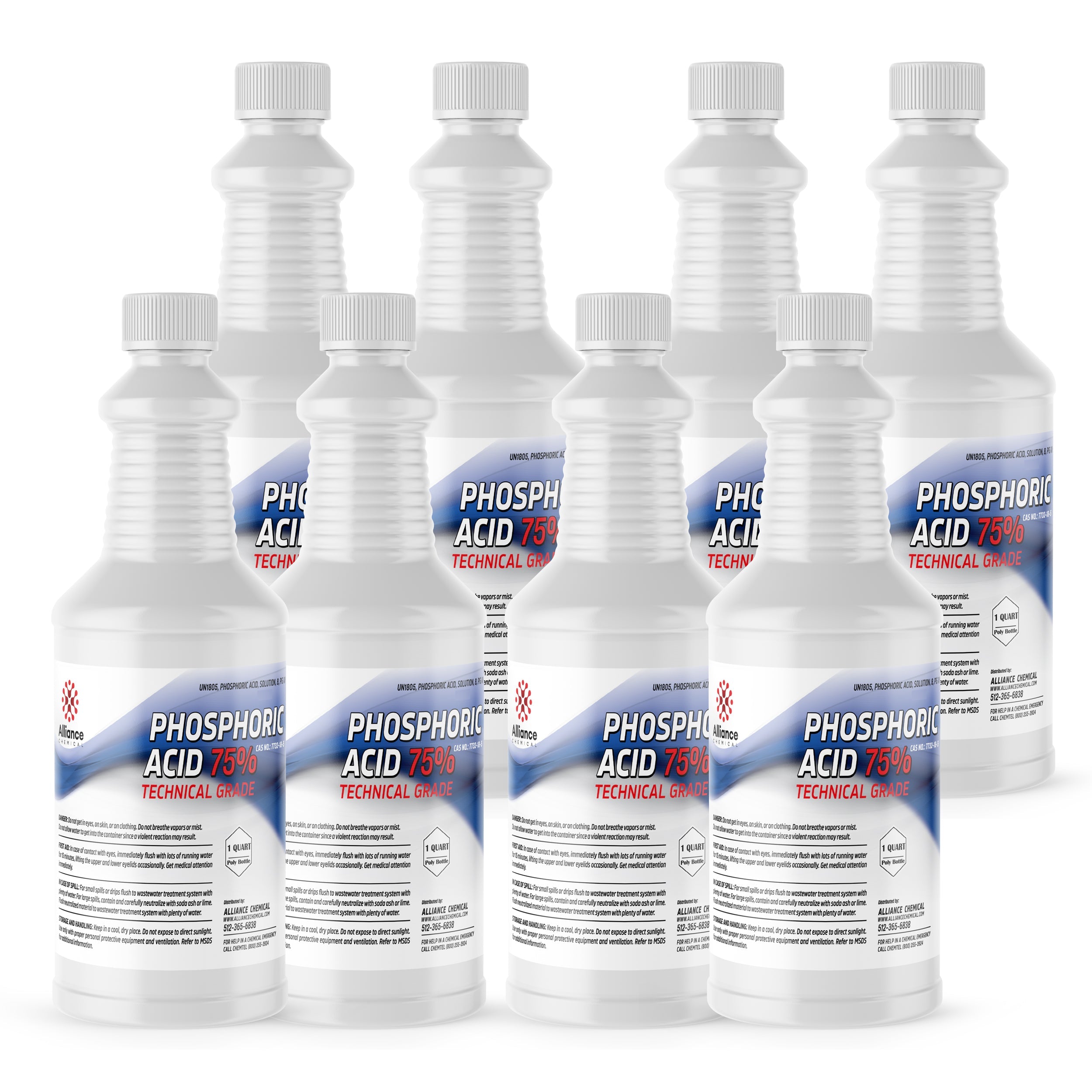 8x1-quart bottles of 75% Technical Grade Phosphoric Acid in white HDPE containers with diamond hazard symbols and blue gradient labels.